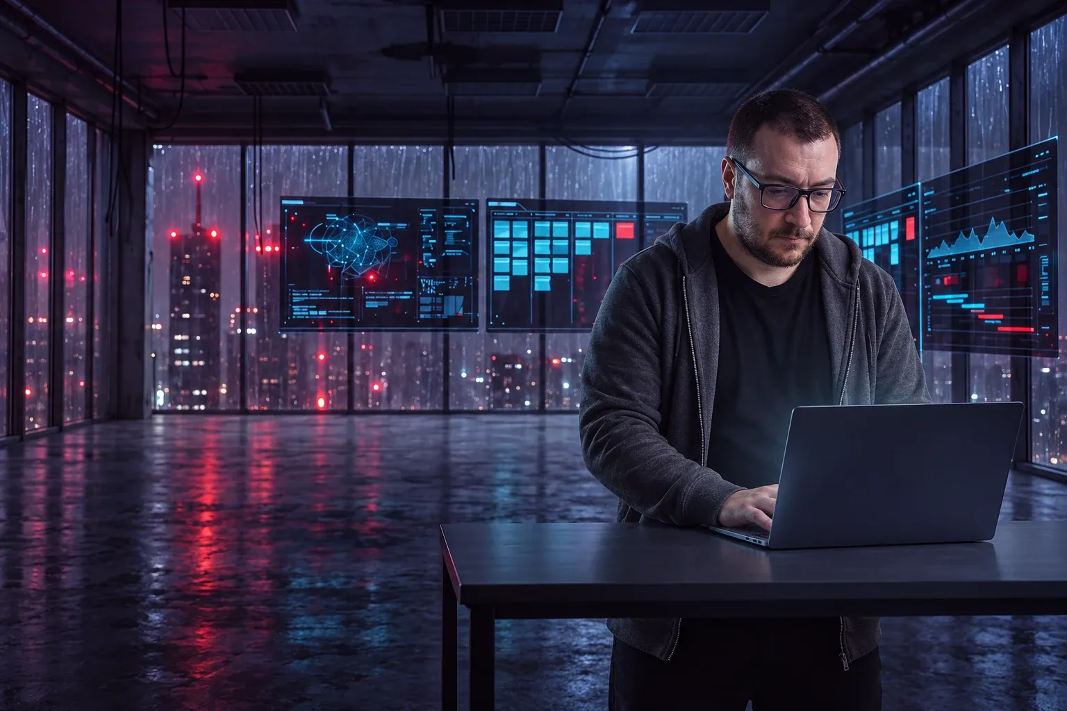Ta sama scena przed końcem projektu: Bartłomiej Borowczyk stoi za czystym biurkiem i skupiony pisze na laptopie.