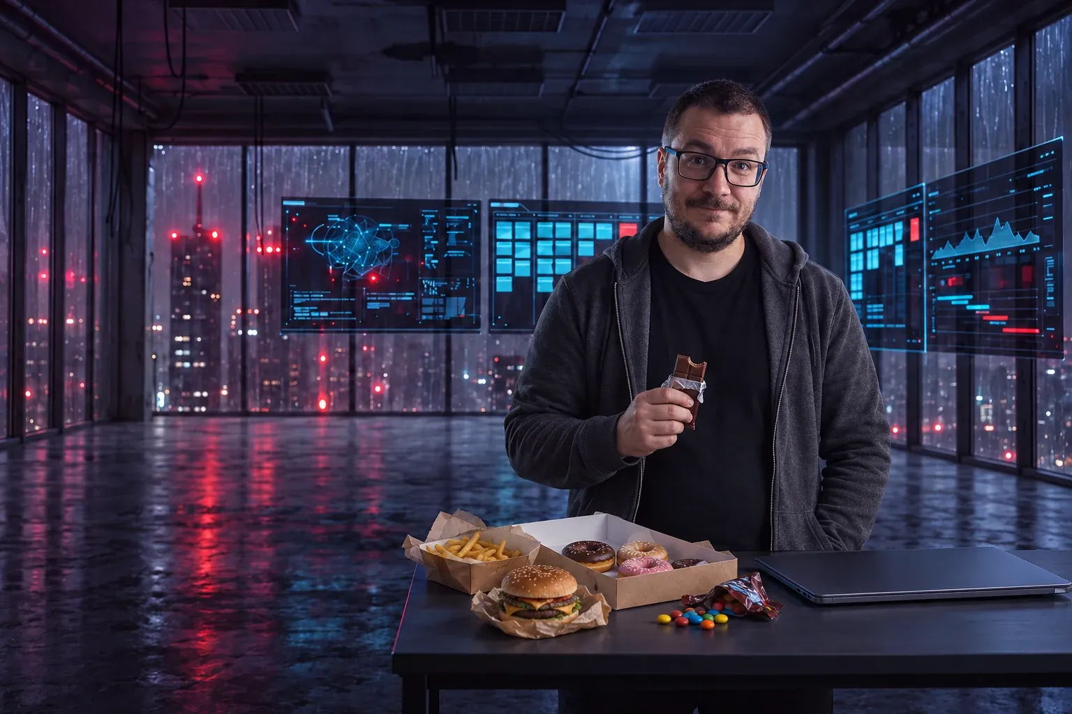 Nocą w sztabie na piętrze wieżowca Bartłomiej Borowczyk w rozpiętej bluzie z kapturem stoi za stołem z hamburgerem, pączkami, frytkami i słodyczami, trzyma nadgryzioną czekoladę i patrzy w kamerę z przyłapanym półuśmiechem; za nim ściana hologramów z tablicami projektów.