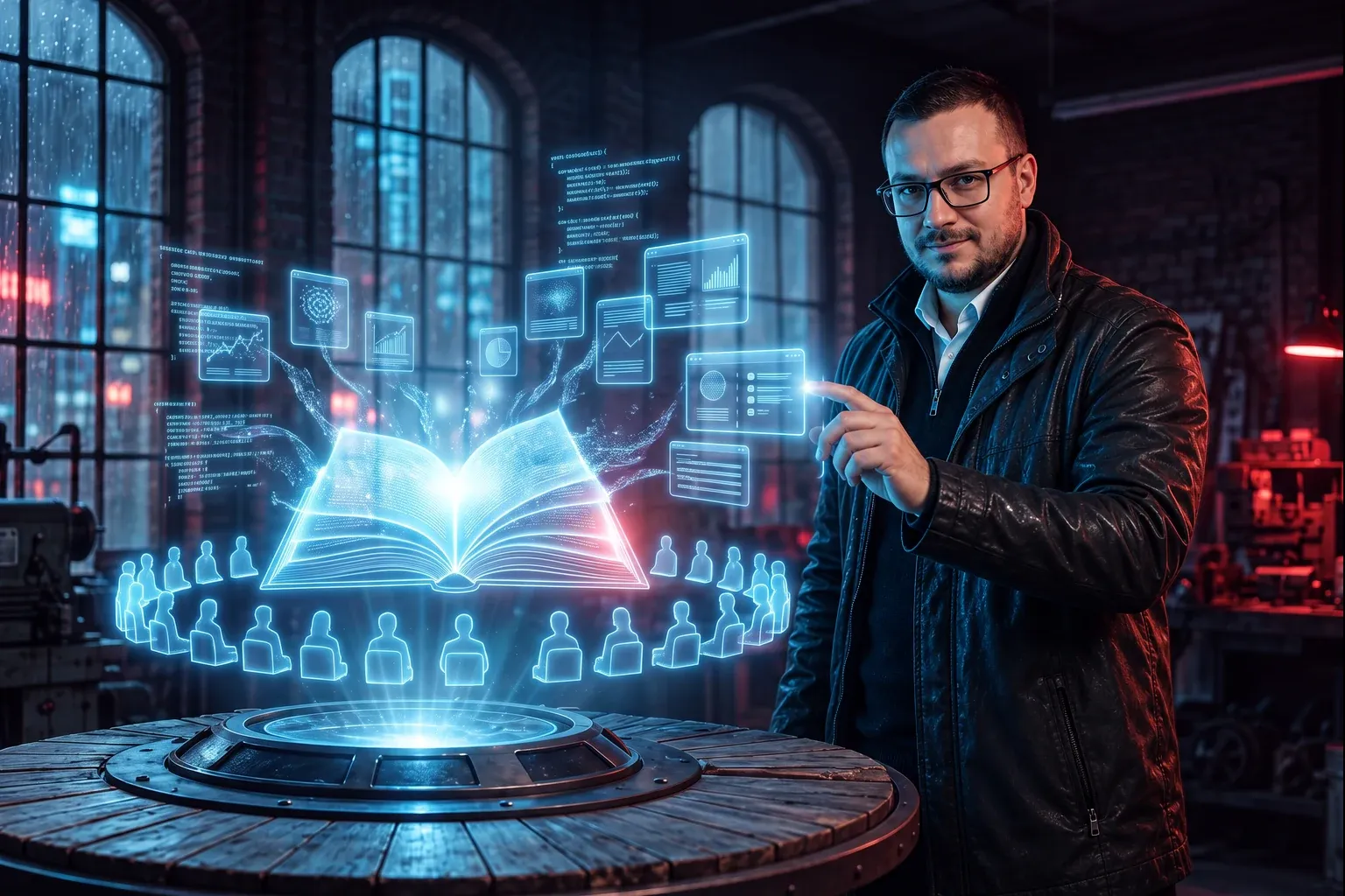 Ten sam warsztat: hologram pokazuje wielką otwartą księgę ze światła, z której wylatują karty lekcji i bloki kodu, a wokół półkolem siedzą świetliste sylwetki uczniów.
