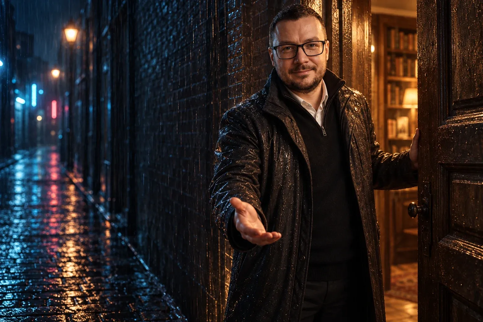 Nocą na deszczowej uliczce Bartłomiej Borowczyk w ciemnym płaszczu stoi w otwartych drzwiach, z których na mokry bruk pada ciepłe światło; za nim widać pokój z regałami książek, a on z uśmiechem zaprasza gestem do środka.